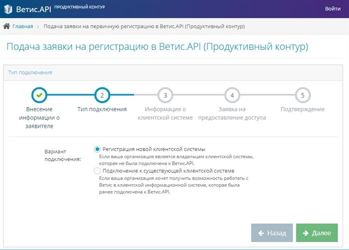 vetis.api Access. Шаг 2: 'Тип подключения'.